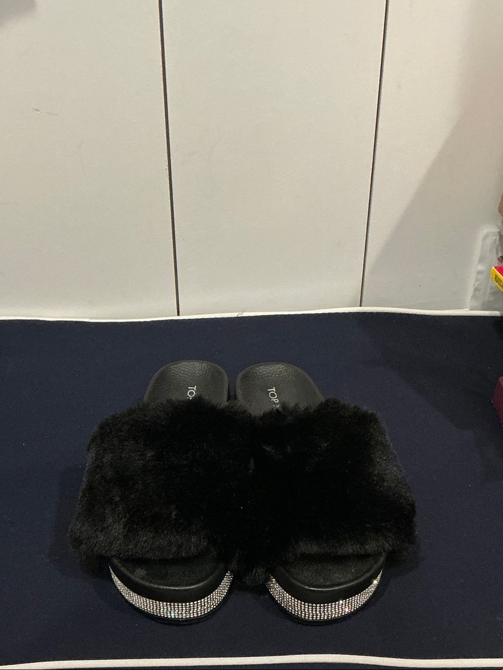 TOP Moda Black Faux Fur Slide Sandals with Rhinestone Trim